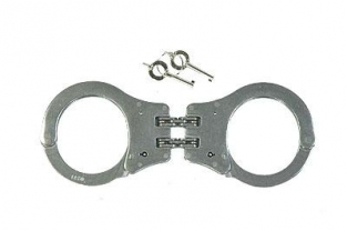 Standard handcuffs with two solid stainless steel links.